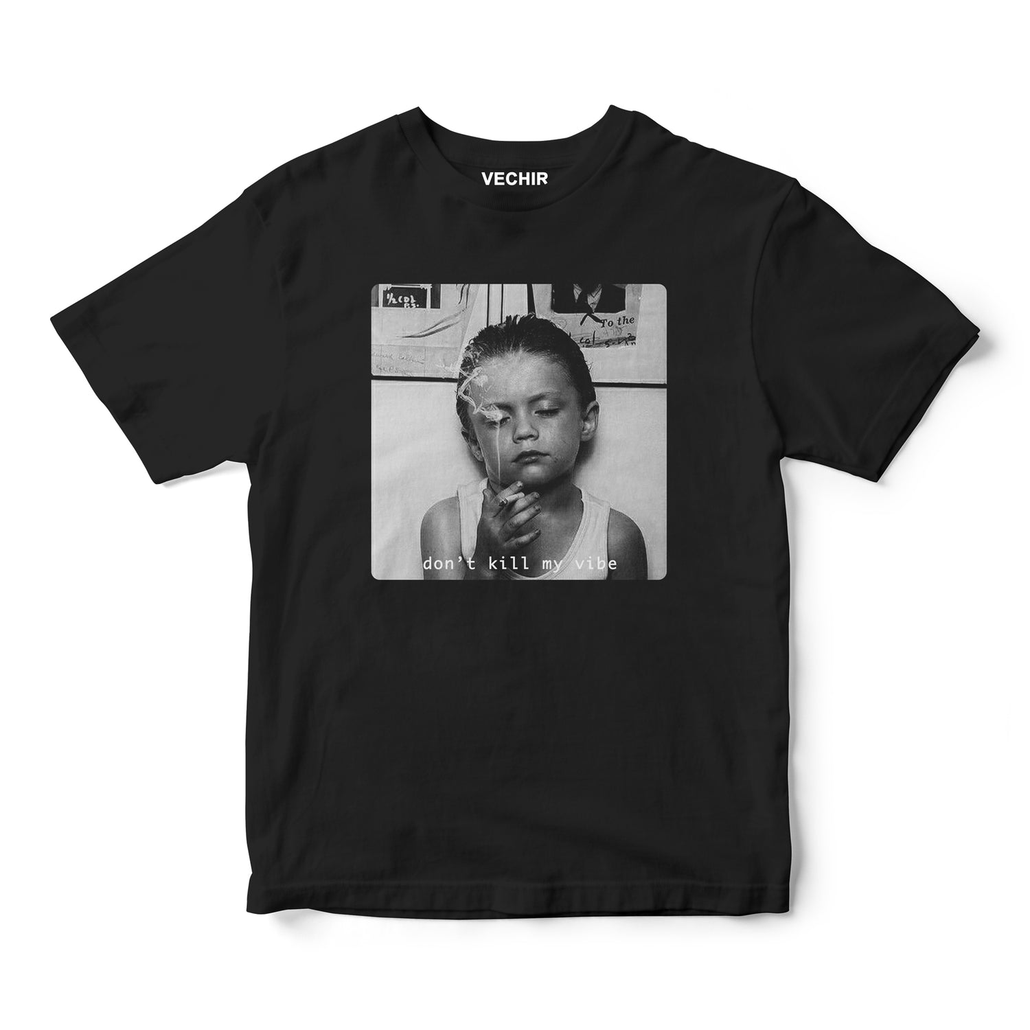 Футболка Don't kill my vibe оверсайз чорна з сірим принтом унісекс бавовна 250г/м2